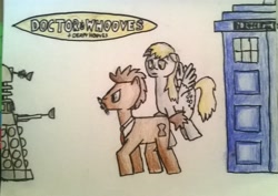 Size: 1925x1361 | Tagged: safe, imported from derpibooru, derpy hooves, doctor whooves, time turner, pegasus, pony, dalek, doctor who, female, mare, sonic screwdriver, tardis, traditional art