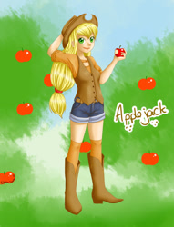 Size: 781x1023 | Tagged: safe, artist:nekomeizumi, imported from derpibooru, applejack, human, apple, female, humanized, solo