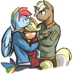 Size: 880x884 | Tagged: safe, artist:nolycs, imported from derpibooru, applejack, rainbow dash, trenderhoof, anthro, appleblitz (straight), appledash, applejack gets all the stallions, blushing, clothes, defending, female, growling, half r63 shipping, hipster, love triangle, male, plaid shirt, protecting, rainbow blitz, rule 63, shipping, simple background, straight, sweater