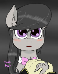 Size: 800x1025 | Tagged: safe, artist:ichibangravity, imported from derpibooru, octavia melody, oc, oc:anon, earth pony, human, pony, background pony, blushing, bowtie, disembodied hand, doki doki, ear fluff, female, mare