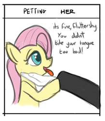 Size: 527x604 | Tagged: artist needed, source needed, safe, imported from derpibooru, fluttershy, oc, oc:anon, doing loving things, misleading thumbnail, open mouth, petting, petting her, smiling, tongue out