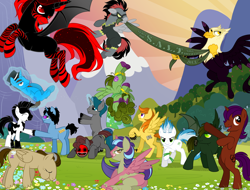 Size: 1280x972 | Tagged: safe, artist:shadowwolf, imported from derpibooru, oc, oc only, oc:agrarian, oc:bloody surprise, oc:bombedrumbum, oc:closet brony, oc:dark matter, oc:doctor discord, oc:emblem, oc:enceladus, oc:inky scribes, oc:lupon, oc:mr mercury, oc:renegade, oc:ricatogoa, oc:shkle, oc:trotsky, alicorn, griffon, pony, alicorn oc, banner, bedroom eyes, blank flank, butt, eating, flying, glasses, group, looking at you, magic, mask, mountain, plot, tongue out