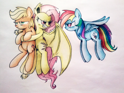 Size: 640x480 | Tagged: safe, artist:doqwor, imported from derpibooru, applejack, fluttershy, rainbow dash, appledash, appleshy, female, flutterbat, lesbian, missing accessory, shipping, traditional art