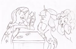 Size: 2322x1504 | Tagged: safe, artist:i am nude, imported from derpibooru, applejack, pinkie pie, trixie, earth pony, pony, unicorn, apple, cape, card, clothes, hat, magic, monochrome, street magic, table, traditional art, trio, trixie's cape, trixie's hat