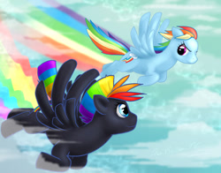 Size: 1024x803 | Tagged: safe, artist:verumteednp, deleted from derpibooru, imported from derpibooru, rainbow dash, oc, oc:zaptastic, eye contact, flying, racing, smiling, spread wings