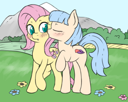 Size: 1250x1000 | Tagged: safe, artist:fearingfun, imported from derpibooru, coco pommel, fluttershy, blushing, cocobetes, cocoshy, cute, female, kissing, lesbian, missing accessory, shipping, shyabetes