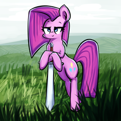 Size: 2700x2700 | Tagged: safe, artist:shovrike, imported from derpibooru, pinkie pie, female, pinkamena diane pie, solo, sword, weapon