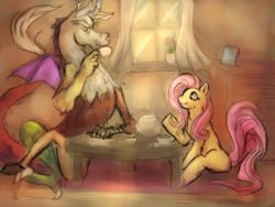 Size: 800x600 | Tagged: safe, artist:itami-salami, imported from derpibooru, discord, fluttershy, cup, discoshy, female, male, shipping, straight, table, tea, tea party