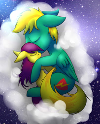 Size: 1459x1800 | Tagged: safe, artist:elarcis, artist:tartarys, imported from derpibooru, duo, hug, sleeping