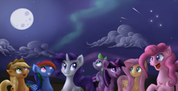 Size: 1280x657 | Tagged: safe, artist:mattatatta, imported from derpibooru, applejack, fluttershy, pinkie pie, rainbow dash, rarity, spike, twilight sparkle, destiny: a tale of unicorn wings, female, looking up, male, mane six, moon, night