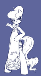 Size: 613x1121 | Tagged: safe, artist:30clock, imported from derpibooru, princess luna, pony, alternate hairstyle, bipedal, blushing, cheongsam, clothes, dress, female, looking at you, monochrome, ponytail, solo