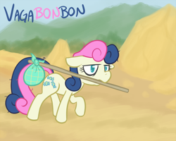 Size: 700x560 | Tagged: safe, artist:atlur, deleted from derpibooru, imported from derpibooru, bon bon, sweetie drops, bindle, bonafied, bonpun, floppy ears, hobo, messy mane, mouth hold, solo, tired, vagabond, walking