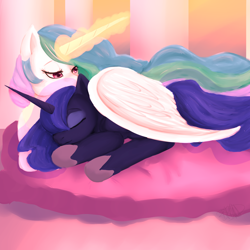 Size: 3000x3000 | Tagged: safe, artist:glitchyraptor, imported from derpibooru, princess celestia, princess luna, alicorn, pony, cute, duo, eyes closed, hug, magic, pillow, prone, royal sisters, sisters, sleeping, smiling, weapons-grade cute, wing blanket, winghug