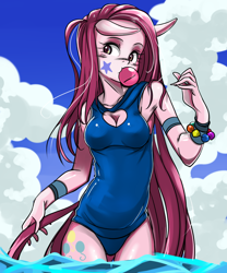 Size: 1000x1200 | Tagged: safe, artist:m@k, imported from derpibooru, pinkie pie, anthro, bubblegum, cleavage, clothes, female, one-piece swimsuit, pinkamena diane pie, rock candy, school swimsuit, solo, sukumizu, swimming, swimsuit