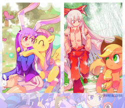 Size: 455x394 | Tagged: safe, artist:sweetsound, imported from derpibooru, applejack, fluttershy, crossover, fujiwara no mokou, komeiji satori, patchouli knowledge, pixiv, reisen udongein inaba, touhou