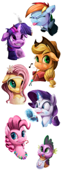 Size: 800x2253 | Tagged: safe, artist:tsitra360, imported from derpibooru, applejack, fluttershy, pinkie pie, rainbow dash, rarity, spike, twilight sparkle, adorkable, bib, braces, burnt, candy cane, candy necklace, cute, dork, earbuds, flower in hair, gem, lipstick, magic, mane seven, mane six, on fire, teenager, tongue out, younger