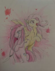 Size: 1024x1325 | Tagged: safe, artist:fallenangel5414, imported from derpibooru, fluttershy, pinkie pie, flutterbat, knife, pinkamena diane pie, traditional art