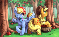 Size: 1485x933 | Tagged: safe, artist:audrarius, imported from derpibooru, applejack, rainbow dash, earth pony, pegasus, pony, apple, apple tree, applebutt, appledash, applejack is a spankaholic, butt, butt smack, butt touch, feathermarking, female, fluffy, frown, grin, hat, lesbian, mare, never doubt tchernobog's involvement, plot, raised hoof, scenery, shipping, smiling, spanking, surprised, tree, wide eyes, wingspank, wink