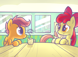 Size: 1280x939 | Tagged: dead source, safe, artist:spikedmauler, imported from derpibooru, apple bloom, scootaloo, sweetie belle, earth pony, pegasus, pony, unicorn, apple bloom's bow, best pony, bow, cutie mark crusaders, female, filly, foal, hair bow, mug, straw, table, window