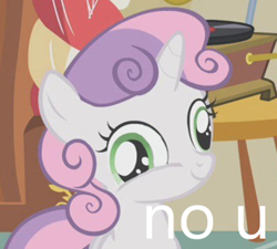 Size: 353x317 | Tagged: safe, edit, imported from derpibooru, screencap, sweetie belle, derp, female, looking at you, no u, reaction image, smiling, solo, text edit