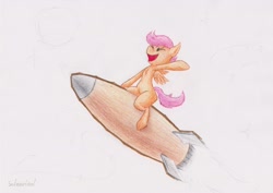 Size: 3498x2473 | Tagged: safe, artist:subscrewedup, imported from derpibooru, scootaloo, colored, colored sketch, female, flying, request, rocket, sketch, solo, space, traditional art, wip