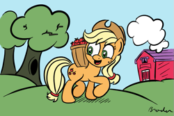 Size: 631x421 | Tagged: safe, artist:mysticolt, imported from derpibooru, applejack, apple, barn, basket, carrying, female, looking back, solo, tree