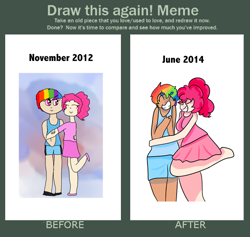 Size: 500x474 | Tagged: safe, artist:sadyuri, imported from derpibooru, pinkie pie, rainbow dash, human, comparison, draw this again, female, lesbian, pinkiedash, shipping