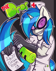 Size: 786x1000 | Tagged: safe, artist:rainbro-stache, imported from derpibooru, dj pon-3, vinyl scratch, anthro, unicorn, female, nurse, poster, sharp teeth, solo, syringe