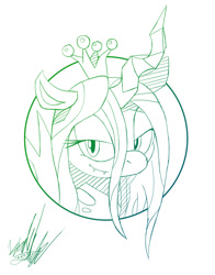 Size: 706x900 | Tagged: safe, artist:fuzon-s, imported from derpibooru, queen chrysalis, changeling, changeling queen, bedroom eyes, fangs, female, gradient lineart, looking at you, monochrome, portrait, sketch, smiling, smirk, solo