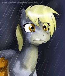 Size: 666x777 | Tagged: artist needed, safe, artist:trelatyraelis, imported from derpibooru, derpy hooves, pegasus, pony, artifact, fanfic art, female, mare, rain, sad, solo