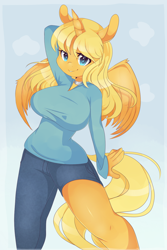 Size: 900x1351 | Tagged: safe, artist:coffeechicken, imported from derpibooru, oc, oc only, oc:ticket, alicorn, anthro, alicorn oc, anthro oc, solo, titcket