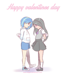 Size: 735x800 | Tagged: safe, artist:kare-valgon, imported from derpibooru, dj pon-3, octavia melody, vinyl scratch, human, blushing, clothes, converse, cute, female, hoodie, humanized, lesbian, mary janes, present, school uniform, schoolgirl, scratchtavia, shipping, shirt, shorts, skirt, socks, valentine's day, vest, younger