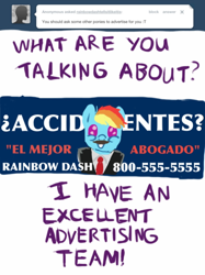 Size: 500x667 | Tagged: safe, imported from derpibooru, rainbow dash, advertisement, ask, facial hair, mousdash, moustache, rainbowdashtellsitlikeitis, spanish, tumblr