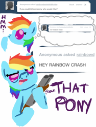 Size: 768x1024 | Tagged: safe, imported from derpibooru, rainbow dash, ask, double barreled shotgun, gun, rainbow crash, rainbowdashtellsitlikeitis, shotgun, tumblr, weapon