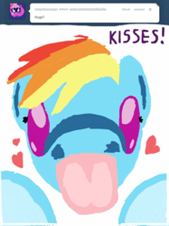 Size: 500x667 | Tagged: safe, imported from derpibooru, rainbow dash, ask, cute, fourth wall, heart, kisses, licking, looking at you, rainbowdashtellsitlikeitis, tongue out, tumblr