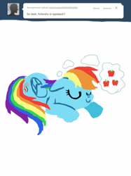 Size: 500x667 | Tagged: safe, imported from derpibooru, applejack, rainbow dash, pegasus, pony, ask, c:, cute, cutie mark, dashabetes, dream, eyes closed, female, floppy ears, implied appledash, implied applejack, mare, prone, rainbowdashtellsitlikeitis, simple background, sleeping, smiling, solo, thought bubble, tumblr, white background