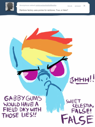 Size: 768x1024 | Tagged: safe, imported from derpibooru, rainbow dash, fanfic:rainbow factory, ask, female, frown, gabby gums, glare, looking at you, nose wrinkle, rainbowdashtellsitlikeitis, shhh, shush, solo, tumblr, whispering