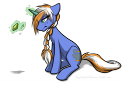 Size: 1015x694 | Tagged: safe, artist:cassiusdrawsthings, deleted from derpibooru, imported from derpibooru, oc, oc only, oc:alloy shaper, pony, unicorn, fallout equestria, fallout equestria: wasteland economics, braid, commission, floppy ears, freckles, frown, glare, magic, sitting, solo, telekinesis