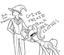 Size: 1108x949 | Tagged: safe, artist:nohooves, imported from derpibooru, trixie, oc, oc:anon, human, accessory swap, accessory theft, angry, drool, glare, monochrome, open mouth, sketch, trixie's hat, vulgar, yelling