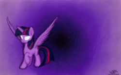 Size: 2560x1600 | Tagged: safe, artist:whispercannon, imported from derpibooru, twilight sparkle, alicorn, pony, dreamwalking, female, glowing eyes, mare, raised hoof, solo, spread wings, twilight sparkle (alicorn)