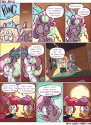 Size: 944x1294 | Tagged: safe, artist:capnpea, artist:kefkafloyd, imported from derpibooru, apple bloom, scootaloo, sweetie belle, earth pony, pegasus, pony, unicorn, comic:three apples, bad pun, clubhouse, comic, crusaders clubhouse, female, filly, no pupils, phone