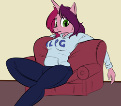 Size: 800x700 | Tagged: safe, artist:goat train, imported from derpibooru, oc, oc only, oc:gloomy, anthro, unicorn, anthro oc, clothes, colored, couch, giant anthro, hoodie, jeans, looking at you, macro, mlpg, plump, solo