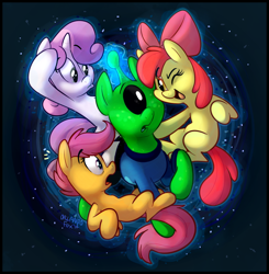 Size: 1072x1096 | Tagged: safe, artist:thedoggygal, imported from derpibooru, apple bloom, scootaloo, sweetie belle, alien, cutie mark crusaders