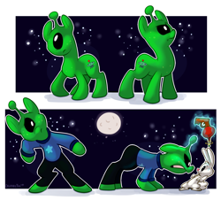 Size: 1500x1354 | Tagged: safe, artist:thedoggygal, imported from derpibooru, angel bunny, oc, alien, alien pony, rabbit, animal, moon, ray gun, signature