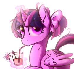 Size: 600x560 | Tagged: safe, artist:catitty, imported from derpibooru, twilight sparkle, alicorn, pony, alternate hairstyle, drink, female, mare, pigtails, solo, twilight sparkle (alicorn)