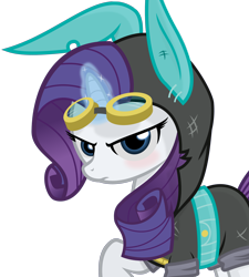 Size: 3000x3326 | Tagged: safe, artist:godoffury, imported from derpibooru, rarity, pony, unicorn, blushing, bunny ears, clothes, dangerous mission outfit, female, glowing horn, goggles, hoodie, horn, looking at you, magic, mare, raised hoof, simple background, solo, transparent background, vector