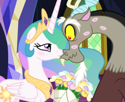 Size: 879x719 | Tagged: dead source, safe, artist:poikahorse, imported from derpibooru, discord, princess celestia, bedroom eyes, blushing, bouquet, dislestia, eye contact, female, flower, kiss mark, kissing, male, shipping, smiling, straight, wavy mouth, wide eyes