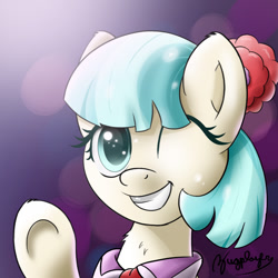 Size: 800x800 | Tagged: safe, artist:bugplayer, imported from derpibooru, coco pommel, earth pony, pony, abstract background, female, grin, mare, one eye closed, portrait, smiling, solo, underhoof, waving, wink