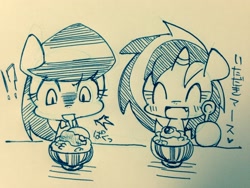 Size: 2048x1536 | Tagged: safe, artist:mosamosa_n, imported from derpibooru, dj pon-3, octavia melody, vinyl scratch, food, japanese, monochrome, pixiv, rice, traditional art