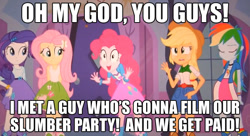 Size: 631x344 | Tagged: safe, imported from derpibooru, applejack, fluttershy, pinkie pie, rainbow dash, rarity, equestria girls, exploitable meme, image macro, mane six, meme, pinkie has a crazy idea